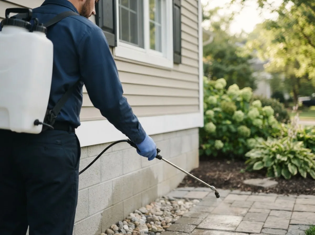 Pest control technician inspecting a home in Omro, WI